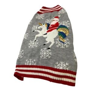 Holiday Time Dog Sweater Christmas Santa Unicorn Snowflakes Red White‎ M